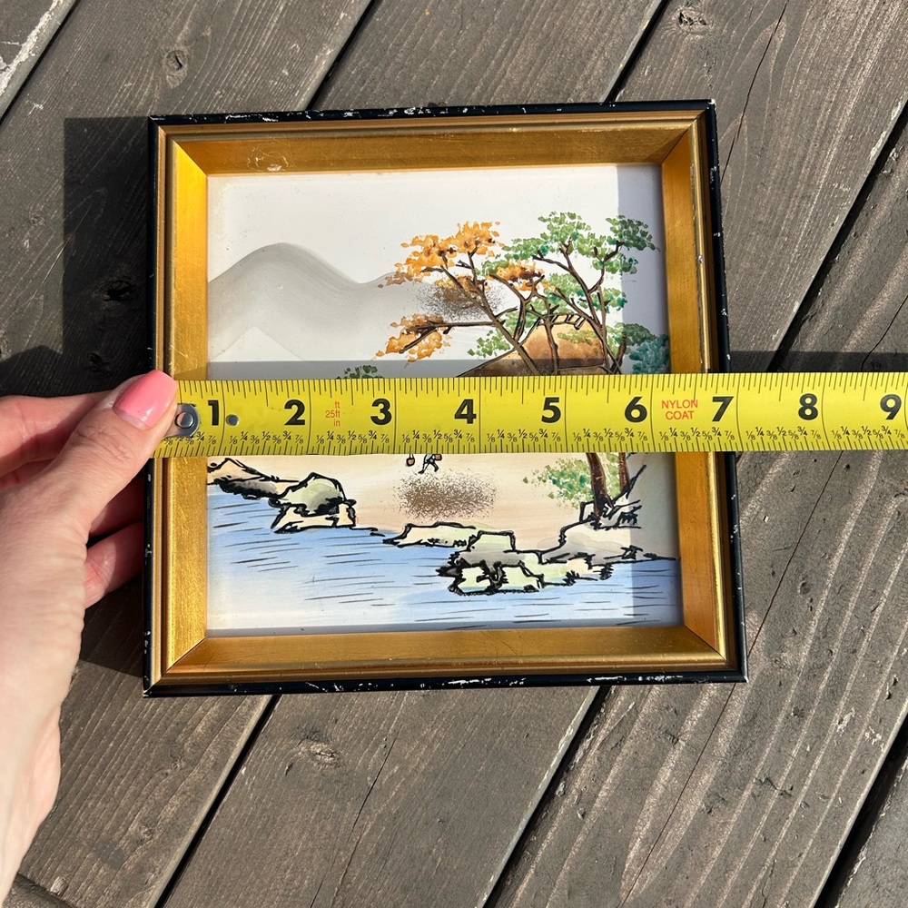 Vintage Japanese White w/ Black frame Landscape Water Fishing 7”x7” Japan - Picture 13 of 13